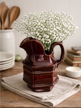 Vintage Haeger Brown Glazed Ceramic Hexagon Shaped Pitcher